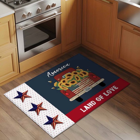 Red Truck 2x3 Rug for Entryway Front Door Kitchen Sink Area, Independence Day Sunflower U.S. Flag Star America Land of Love Low Pile Washable Non Slip Rectangle Area Rug