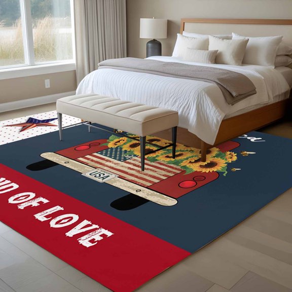 Red Truck 6x9 Rug for Dining Room Table and Chair Setup, Independence Day Sunflower U.S. Flag Star America Land of Love Low Pile Washable Non Slip Rectangle Area Rug