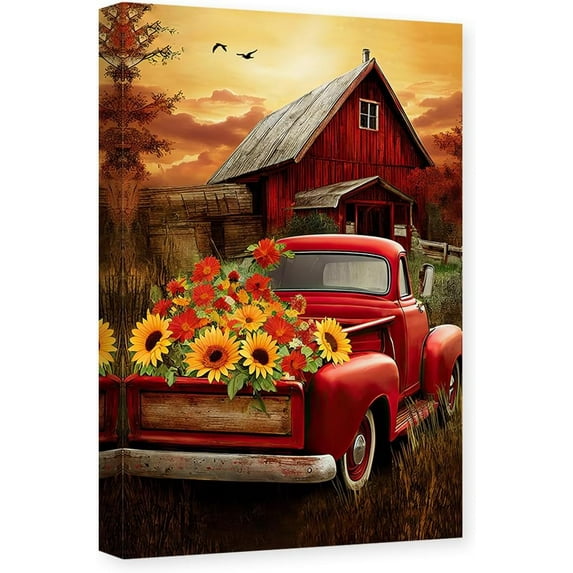 Red Truck Barn Canvas Wall Art Farmhouse Pictures Wall Decor Rustic Farm Painting Poster Vintage Landscape Decor Frame (12.00" x 18.00")