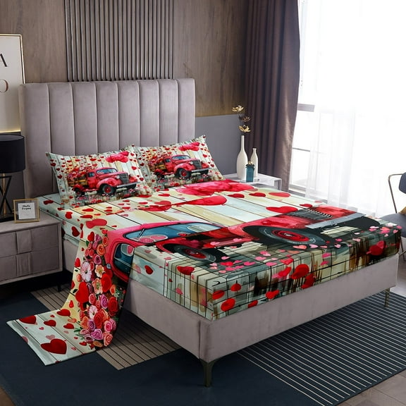 Red Truck Bed Sheet Set ,Rustic Farmhouse Wooden Plank Sheets Set,Romantic Love Hearts Balloons Flowers Valentine's Day Sheet Sets with Deep Pocket,Top Flat Sheet,Twin Size