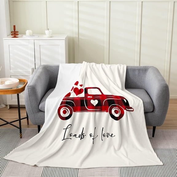 Red Truck Blanket Throw 50x60 Inch Valentines Day Throw Blanket Red Buffalo Plaid Love Heart Print Geometric Fleece Blanket for Lover Couple Romantic Lattice Farmhouse Holiday Fuzzy Blanket