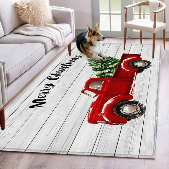 Red Truck Christmas Area Rug 4x6 Washable Rug Non Slip Xmas Tree Snowflake Grey Wooden Large Area Rug Indoor Floor Carpet for Entryway Bedroom Kitchen Living Room Home Office Dining Room Nursery