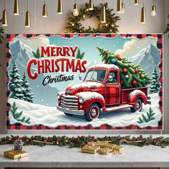 Red Truck Christmas Banner Christmas Tree Merry Christmas Banner Colorful Ornaments Snowy Design Xmas Banner for Christmas Party Home Decoration Holiday Event