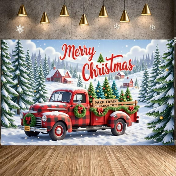 Red Truck Christmas Banner Snowy Scene Merry Christmas Banner Farmhouse Colorful Ornaments Xmas Banner for Christmas Party Home Decoration Holiday Celebration