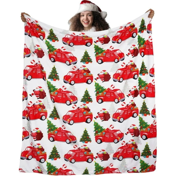Red Truck Christmas Blanket Throw- Winter for Women Men Teens- Christmas Tree Santa Candy Cane Throw Blankets - Cute Red Christmas Blankets and Throws - Soft Decor Stuff, 50x60 inch