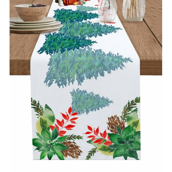 Red Truck Christmas Burlap-Cotton Table Runner 72 Inches Long,Xmas Tree Snowflake Botanical Farmhouse Table Runners,Outdoor Dining Tablecloths Decor for Baby Shower Party Wedding 16x72