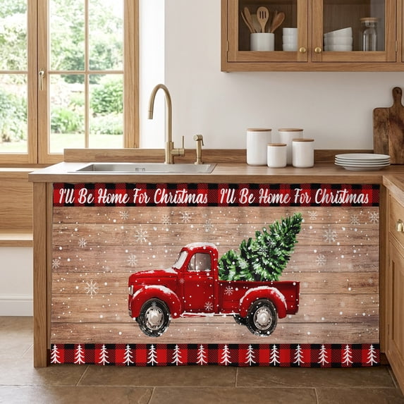 Red Truck Christmas Cabinet Curtain 28"Wx51"L,Dustproof Storage Cabinet Curtain with Self Adhesive Tape,Red Black Plaid Xmas Tree Vintage Tall Pantry Cover Drape for Kitchen,Utility Closet