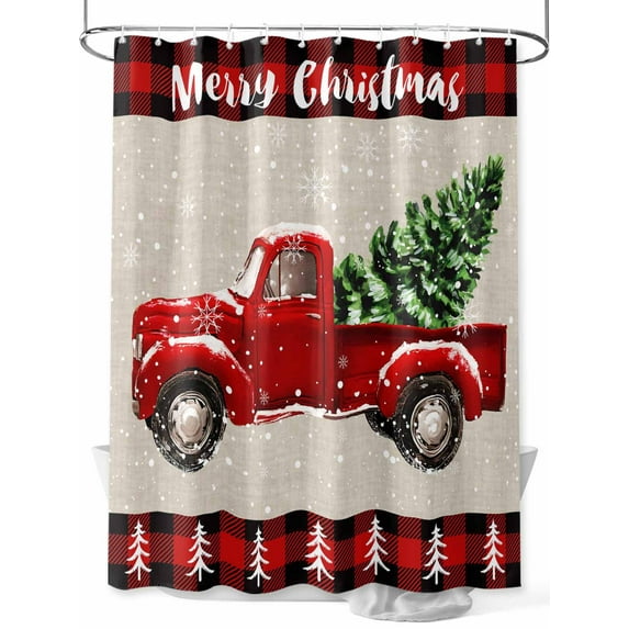 Red Truck Christmas Extra Long Shower Curtain Set, Waterproof Shower Curtains for Bathroom, Red Black Plaid Xmas Tree Snowflake Washable Fabric Cloth Bath Curtain for Bathtub with Hooks 72x96 Inches