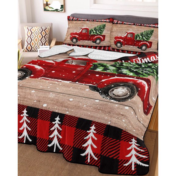 Red Truck Christmas Full Size Down Alternative Comforter, Lightweight Comforter Quilt Bedding Set with Pillow Shams Red Black Plaid Xmas Tree Vintage All Seasons Bed Comforter Duvet Insert 78"x90"