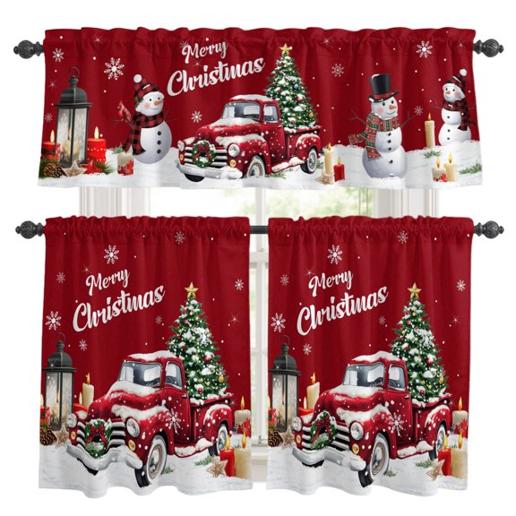 Red Truck Christmas Kitchen Curtains, Kitchen Curtains and Valances Set of 3, Xmas Tree Snowflake Gifts Winter Light Filtering Tailored Tier Curtain 24 Inch Length Drapes for Cafe Sink Bedroom