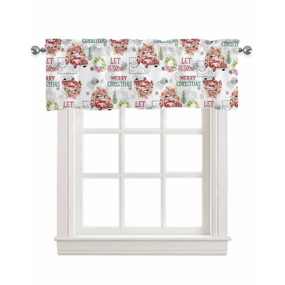 Red Truck Christmas Linen Curtain Valance for Bedroom/Bathroom/Kitchen/Office/Living/Dining Room Window,Xmas Tree Botanical Wreath Retro Rod Pocket Topper Decorative Cafe Drapes Panel 42"x12"