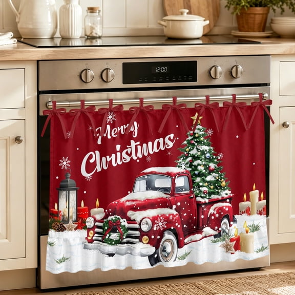 Red Truck Christmas Oven Skirt Curtain, Oven Door Curtain with 8 Ribbon Ties & Ruffle Trim, Xmas Tree Snowflake Gifts Winter Kitchen Appliance Door Cover for Stove Dishwasher Cabinet 32"x24"