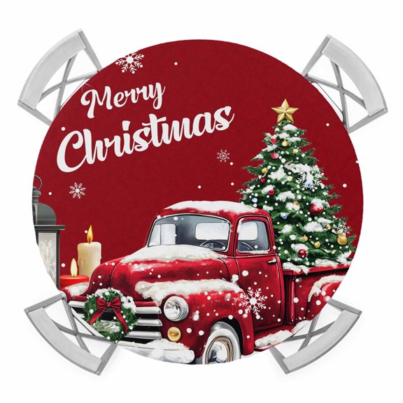 Red Truck Christmas Round Tablecloth for 36-44 Inch Tables,Fitted Table Cover with Elastic Edge,Xmas Tree Snowflake Gifts Winter Waterproof Outdoor Table Cloth Protector for Patio Garden Dinner