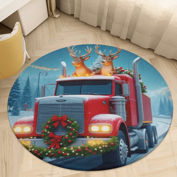 Red Truck Christmas Scene Round Area Rugs for Bedroom Living Room, 5FT Soft Indoor Circle Carpets, Carpet Home Decor Floor Mat