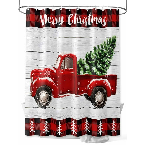 Red Truck Christmas Shower Curtain Set, Waterproof Shower Curtains for Bathroom, Red Black Plaid Xmas Tree Retro Washable Fabric Cloth Bath Curtain for Bathtub Decoration with Hooks 54x78 Inches