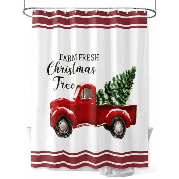 Red Truck Christmas Shower Curtain Set, Waterproof Shower Curtains for Bathroom, Xmas Tree Snowflake Striped Washable Fabric Cloth Bath Curtain for Bathtub Decoration with Hooks 60x72 Inches