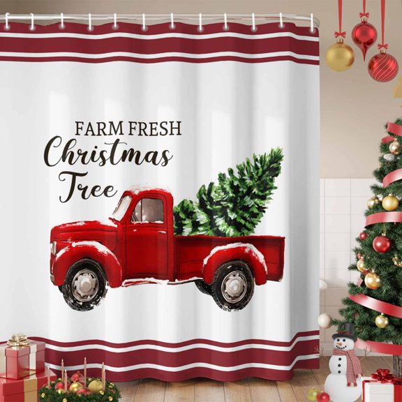 Red Truck Christmas Shower Curtain, Xmas Tree Snowflake Striped Waterproof Fabric Shower Curtains with 12 Hooks, Bathroom Curtain Set for Bathroom Accessories Decor, 36 x 72 Inches