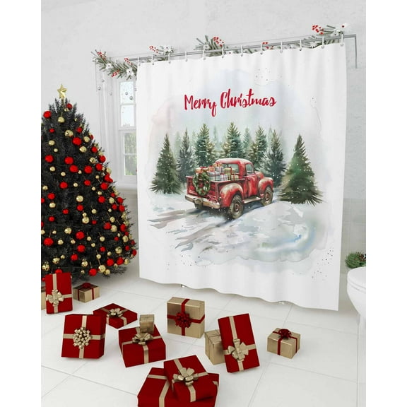 Red Truck Christmas Shower Curtain, Xmas Tree Snowflake Waterproof Washable Boho Funny Cute Shower Curtains Set for Bathroom Farmhouse Bathtubs Decor with Hook, 36"Wx72"L