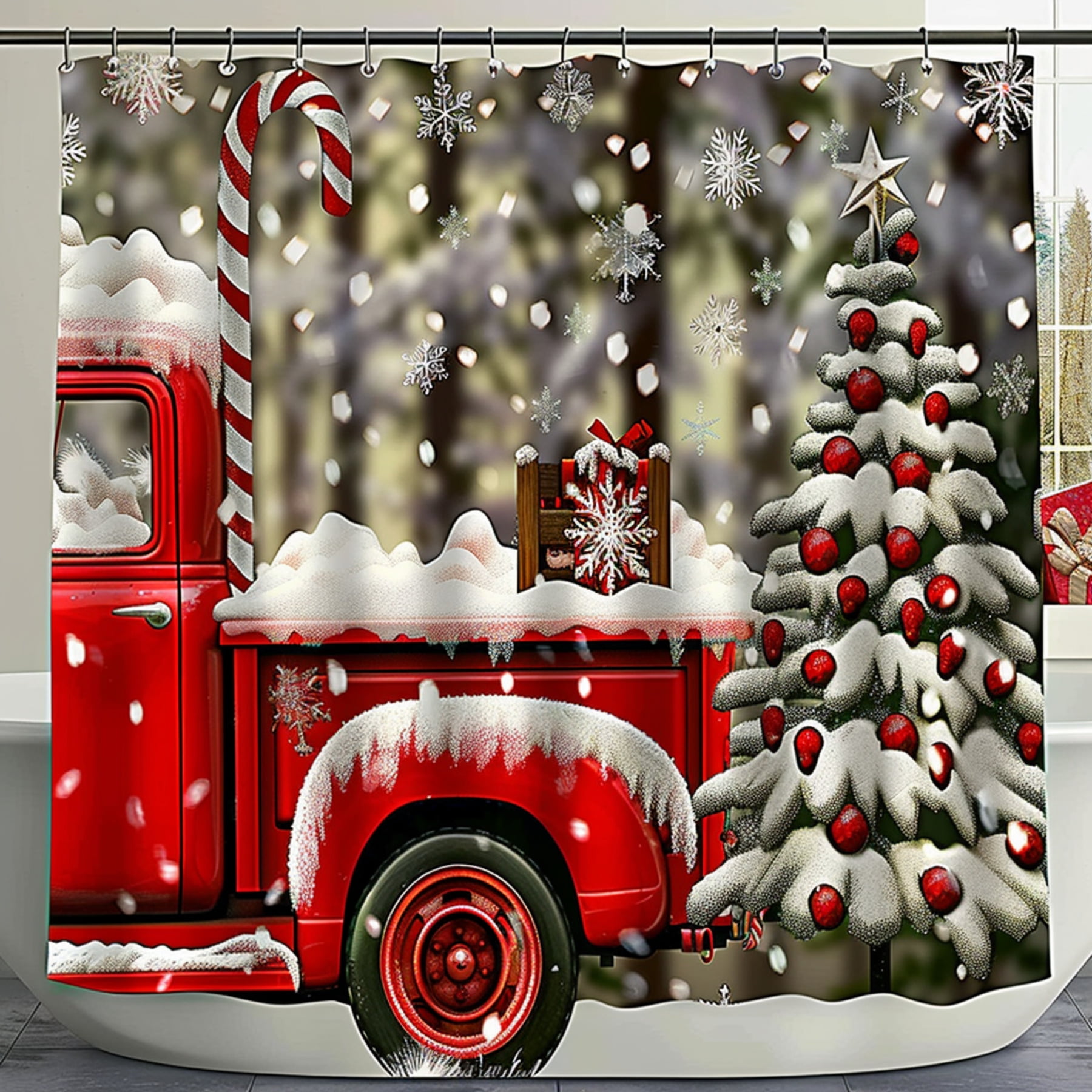 Red Truck Christmas Shower Curtain with Falling Snow and Snowflake