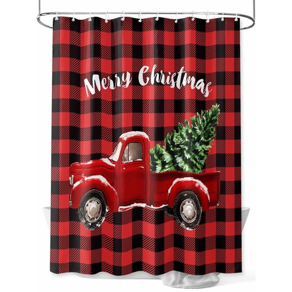Red Truck Christmas Small Stall Shower Curtain, Waterproof Shower Curtains for Bathroom, Xmas Tree Snowflake Plaid Washable Fabric Cloth Bath Curtain for Bathtub Decoration with Hooks 36x72 Inches
