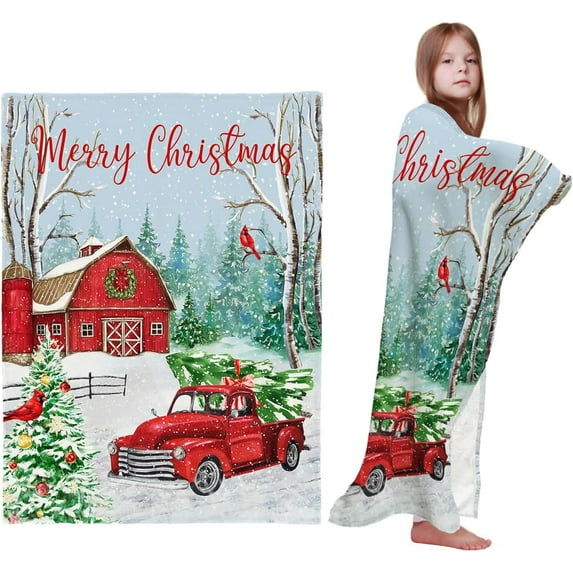 Red Truck Christmas Throw Blankets, Merry Christmas Farmhouse Soft Fleece Blanket Decorative for Home Sofa Couch Chair Living Bedroom,30x40 Inches, Winter Xmas Tree