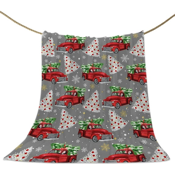 Red Truck Christmas Throw Blankets, Merry Christmas Tree Soft Fleece Blanket Decorative for Home Sofa Couch Chair Living Bedroom,60x80 Inches, Winter Snowflake Grey