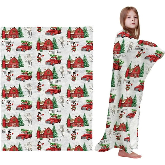 Red Truck Christmas Throw Blankets, Merry Xmas Snowman Tree Farmhouse Soft Fleece Blanket Decorative for Home Sofa Couch Chair Living Bedroom,30x40 Inches, Winter