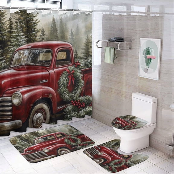 Red Truck with Christmas Tree 4Pcs Shower Curtain Set with Rugs Bath Mat U-Shaped Floor Mat Toilet Lid Oval Rug Red Truck Christmas Wreath Waterproof Personality Pattern Bath Curtain
