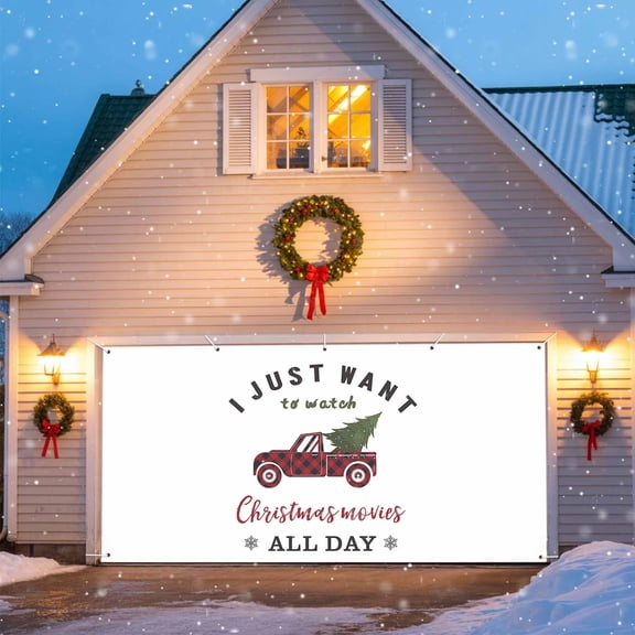 Red Truck Christmas Tree Christmas Garage Door Decorations, 6.9x16ft Garage Door Cover Banner with Grommets, Outdoor Garage Door Backdrop Mural for Holiday Party Wall Decor, Red Bufallo Check Plaid