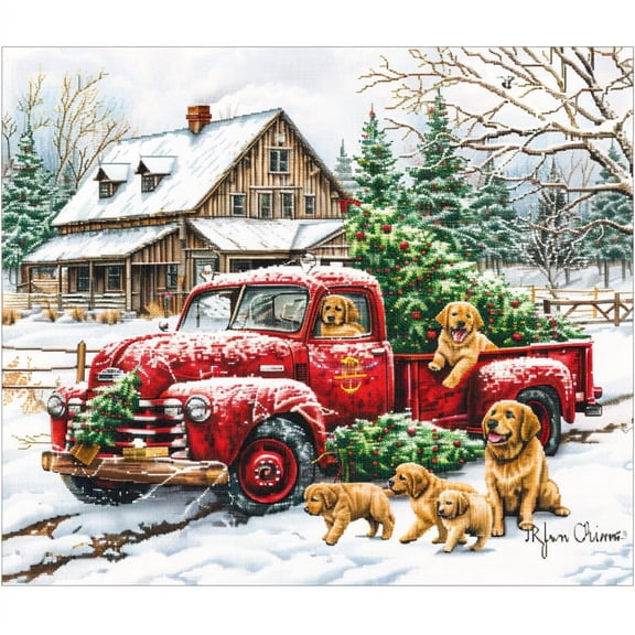 Red Truck with Christmas Tree Golden Retrievers DIY 11CT Stamped Cross Stitch Kits for Beginners Easy Needlepoint Embroidery Counted Cross Stitch Art Craft for Wall Decoration 14x14inch(8)