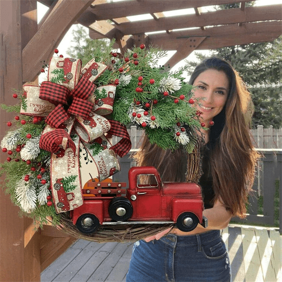 Red Truck Christmas Wreath for Front Door Artificial Outdoor Christmas Wreath Rustic Christmas Truck Wreaths with Bows Farmhouse Christmas Garlands for Front Door Porch Fall Decoration