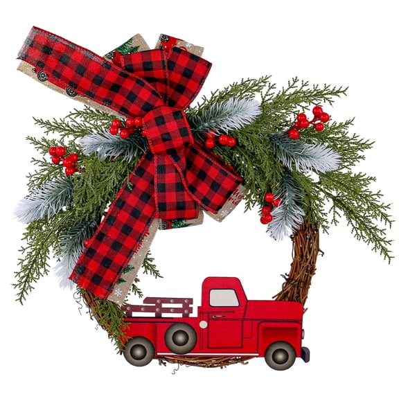 Red Truck Christmas Wreath for Front Door, Vintage Truck Plaid Bow-Knot Red Berries Garland, Rustic Fall Autumn Berry Farmhouse Wreath for Indoor Outdoor Home Holiday Decor Xmas Trees Ornaments