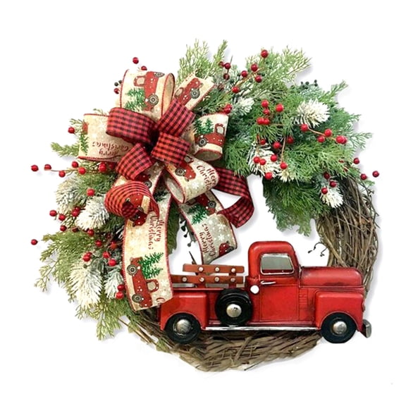Red Truck Christmas Wreath, Vintage Farmhouse Red Truck Wreath with Pine Cones Winter Berry Wreath Rustic Christmas Garland Fall Wreaths for Front Door Thanksgiving Decoration Xmas Decor