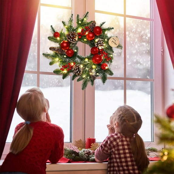 Red Truck Christmas Wreath with Lights - 30 Inch Farmhouse Garland Fall Wreath for Front Door Indoor Outdoor Home Holiday Decor