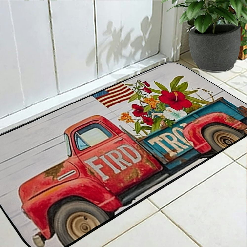 Red Truck Decor Thin Door Mats for Inside Entry Non Slip Puerto Rico