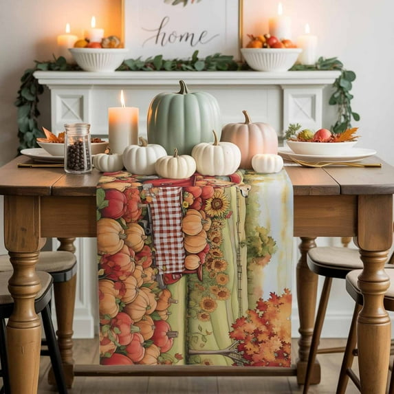 Red Truck Dog Table Runner, Autumn Thanksgiving Kitchen Dining Table Decoration for Home Party Decor 13x48 Inches