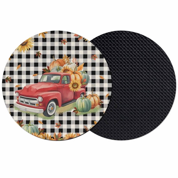 Red Truck Fall Coasters Set of 2, Absorbent Coasters for Drinks, Thanksgiving Sunflower Pumpkins Black White Plaid Coaster for Desk Coffee Table Protection, Home Decor House Warming Gifts 4"