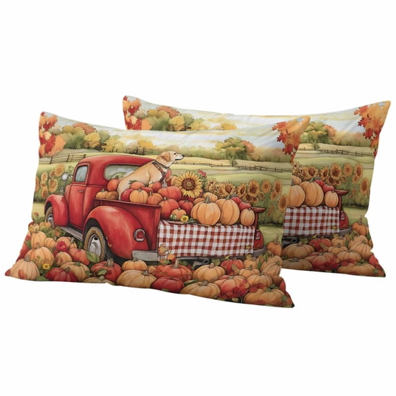 Red Truck Fall Outdoor Waterproof Pillow Covers, Pumpkins Thanksgiving Pastoral Leaves Floral Decorative Rectangle Throw Pillowcase Sofa Cushion Sham for Patio/Couch/Chair, 20"x12" 2 Pack
