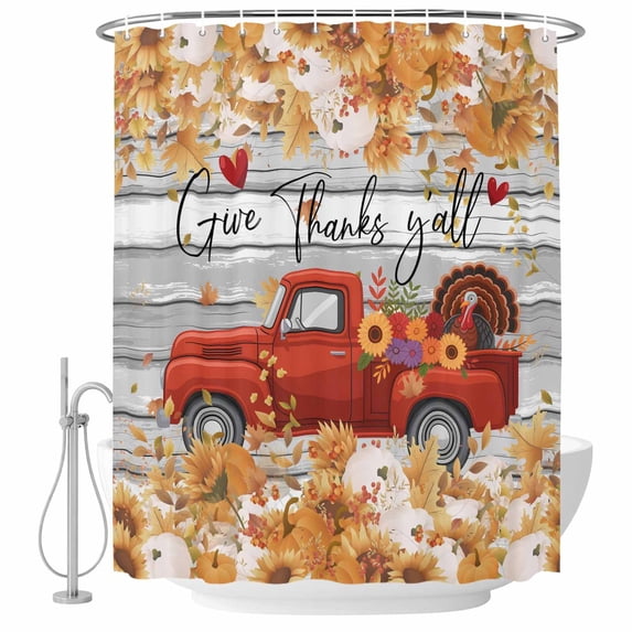 Red Truck Fall Shower Curtain, Waterproof Shower Curtains for Bathroom, Thanksgiving Botanical Pumpkins Leaves Wooden Washable Fabric Bathtub Curtain Set Bath Decor with 12 Hooks Long 72"x84"