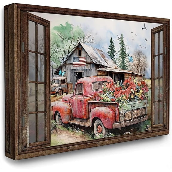 Red Truck and Farmhouse Barn Canvas Wall Art Christian Country Painting Rustic Wall Decor Framed Posters Home for Living Room Bedroom Bathroom Decoration 12x16 inch