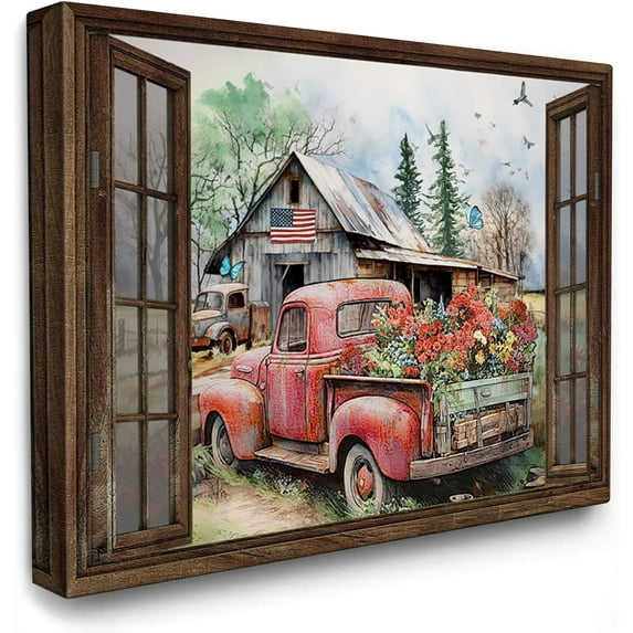 Red Truck and Farmhouse Barn Canvas Wall Art Christian Truck Country Painting Rustic Wall Decor Framed Posters Home for Living Room Bedroom Bathroom Decoration 12x16 inch
