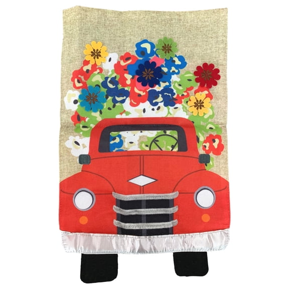 Red Truck Flowers Burlap Decorative Garden Flag 18in x 12.5in
