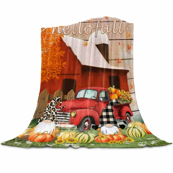 Red Truck Gnome Flannel Blanket for Bed,Travel and Camping, Hello Fall Thanksgiving Pumpkin Wood Grain Super Soft Cozy Blanket for All Seasons 32"x48"