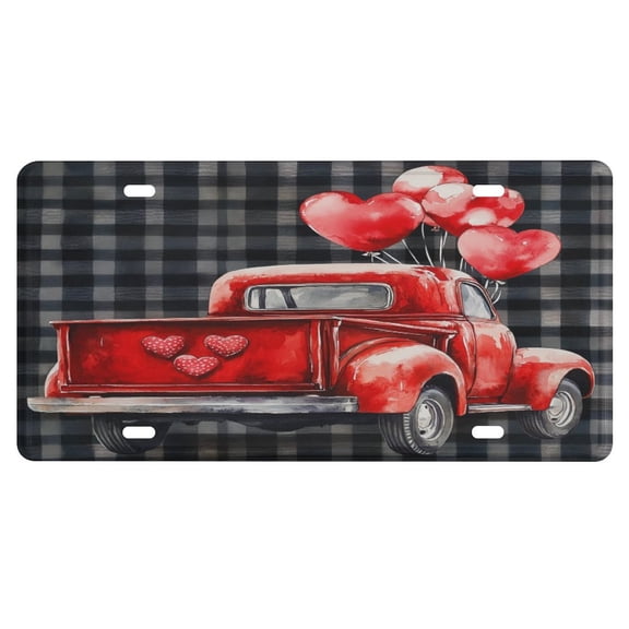 Red Truck Heart Buffalo Check License Plate Custom License Plate Heart Balloon Valentine's Day Decorative Car License Plate Aluminum Metal for Front of Car 12" X 6" for Men/Women/Boy/Girls Car