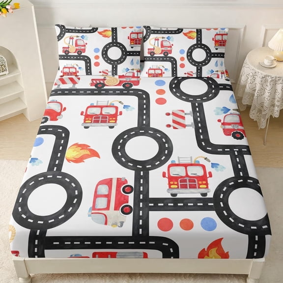 Red Truck Kids Fitted Sheet Set Full Size,Cartoon Fire Engine Soft Bed Sheet Set for Boys Teens,Watercolor Car Construction Fitted Sheet with 2 Pillowcases,3-Piece Truck Bedding Set