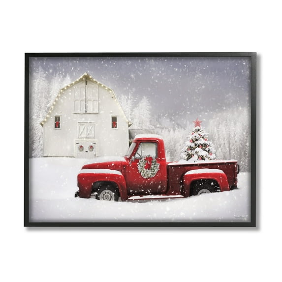Red Truck Parked Snowy Decorated Christmas Barn Transportation Painting Framed Art Print Wall Art