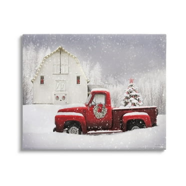 Red Truck Parked Snowy Decorated Christmas Barn Transportation Painting Gallery-Wrapped Canvas Print Wall Art