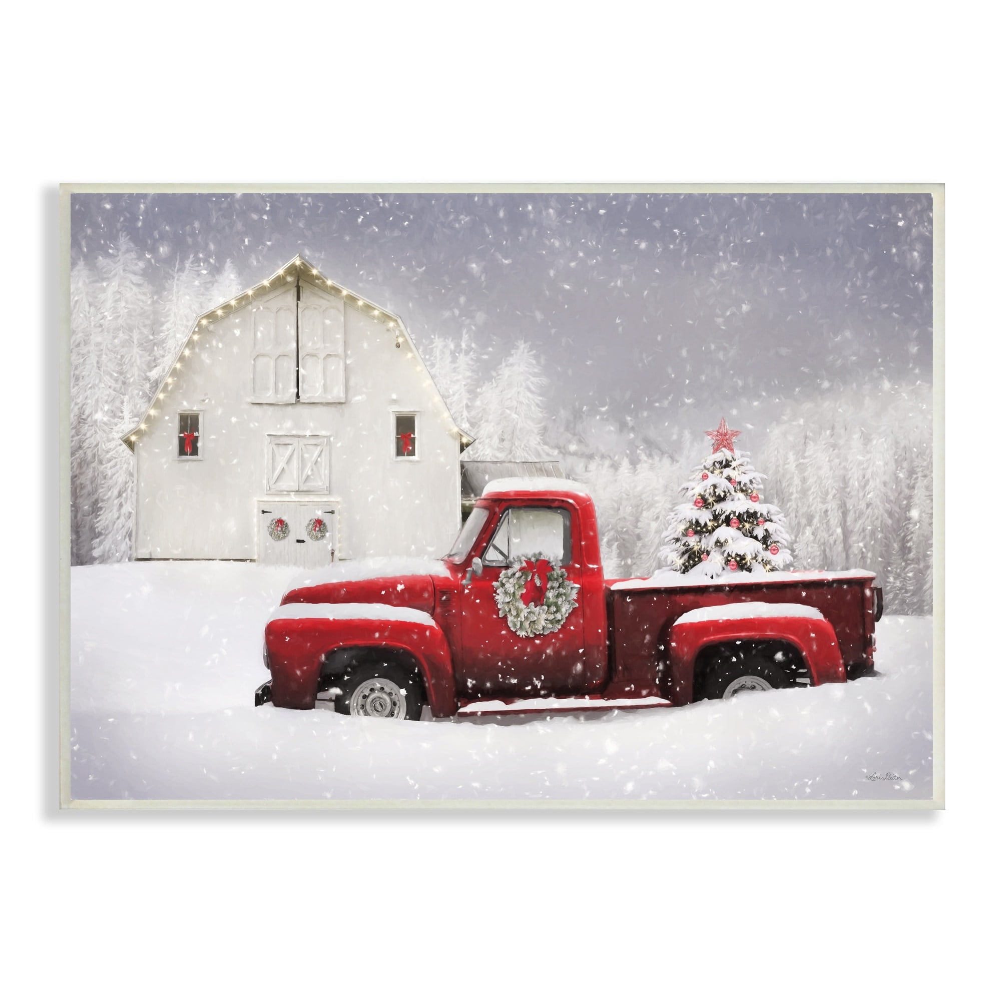 Red Truck Parked Snowy Decorated Christmas Barn Transportation Painting Unframed Art Print Wall Art