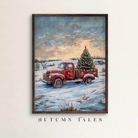 Red Truck Poster Wall Art Vintage Winter Tree Print Snowy Sunset Field Scene Cozy Seasonal UNFRAMED Poster, 8x12