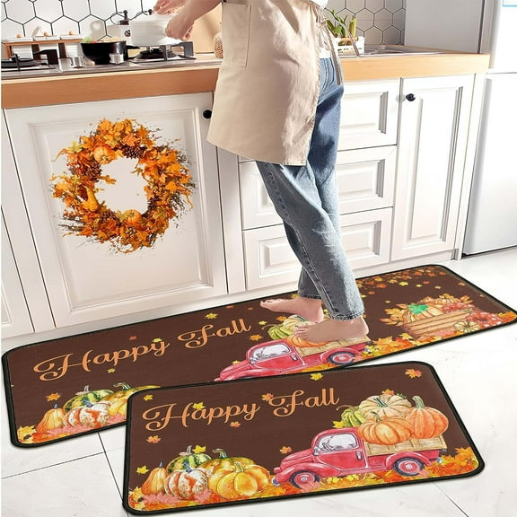Red Truck Pumpkin Fall Kitchen Rugs Set of 2,Non Skid Washable, Home Seasonal Fall Holiday Party Autumn Harvest Thanksgiving Kitchen Mat 17"x47"+17"x30"
